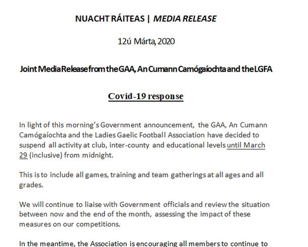 GAA Statement RE Covid19